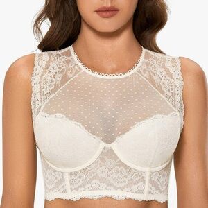 DOBREVA Lace Bustier Corset Bralette Crop Top High Neck Romantic Underwire 32D